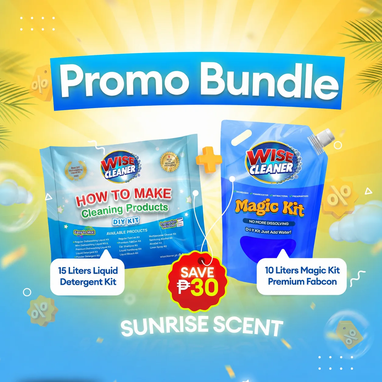 Bundle: Liquid Detergent 15L + Premium Fabcon 10L (Sunrise) — Wise Cleaner DIY Kit